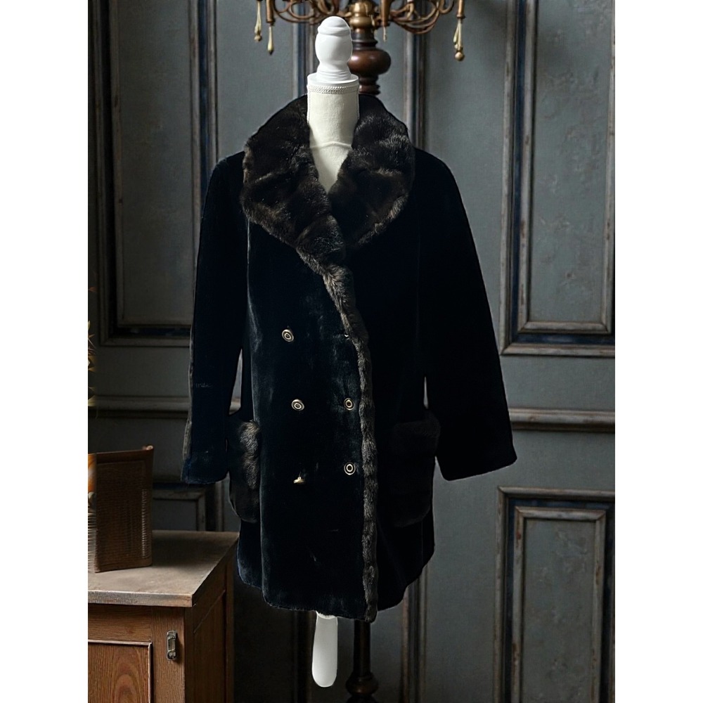 Vintage Borgana Fairmoor Coat Black & Brown Faux Fur Trim Double Breasted Glam‎